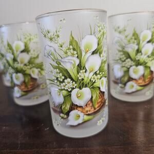 Vintage Indonesian Frosted Glass Victorian  Lily Bouquet Juice Glasses  Set of 4